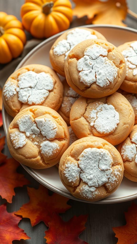 A plate of soft pumpkin spice cookies with powdered sugar, surrounded by autumn decor.